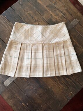 GAP Wool Pleated Skirt in Cream Plaid with Baby Blue and Forest Green